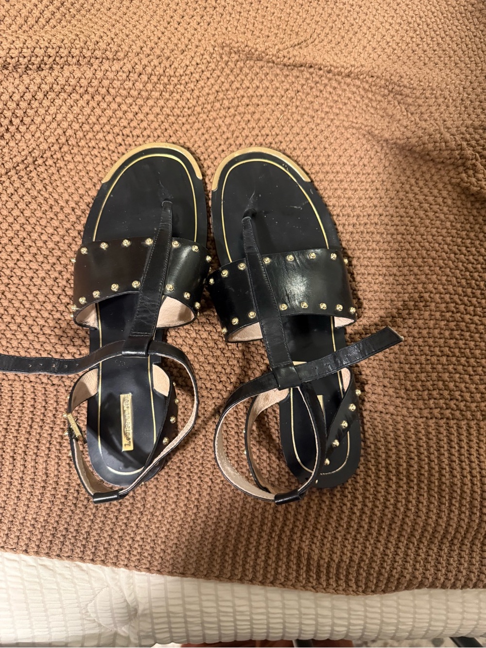 Black Studded T-Strap Women's Sandals